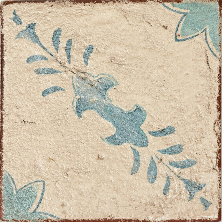 Vintage-style paris sandrine square tile with textured off-white surface and faded blue floral patterns