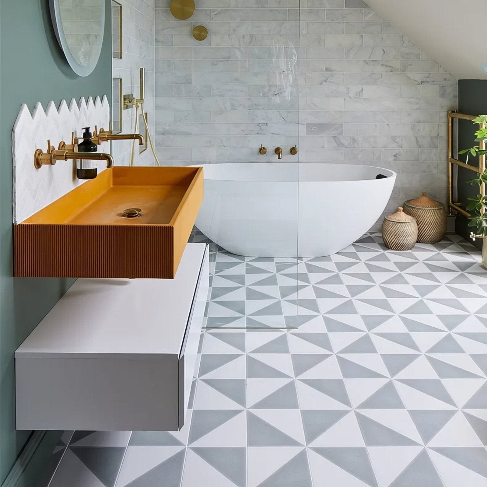 Orange rectangular porcelain sink with vertical ridges and brass fixtures from parisian café tri dove grey collection