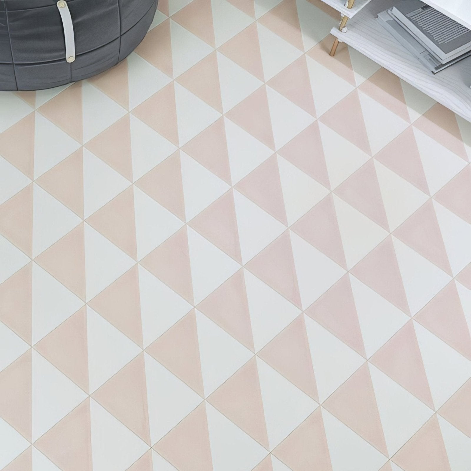 Pink and white diamond patterned porcelain floor tiles from parisian café tri rosa collection