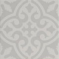 Gray ornamental tile with symmetrical vintage-inspired swirling vines and leaf motifs from Parisian Chic porcelain Angelina collection