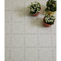 Gray and white ornate patterned Parisian chic porcelain Angelina floor tiles with three terracotta potted plants
