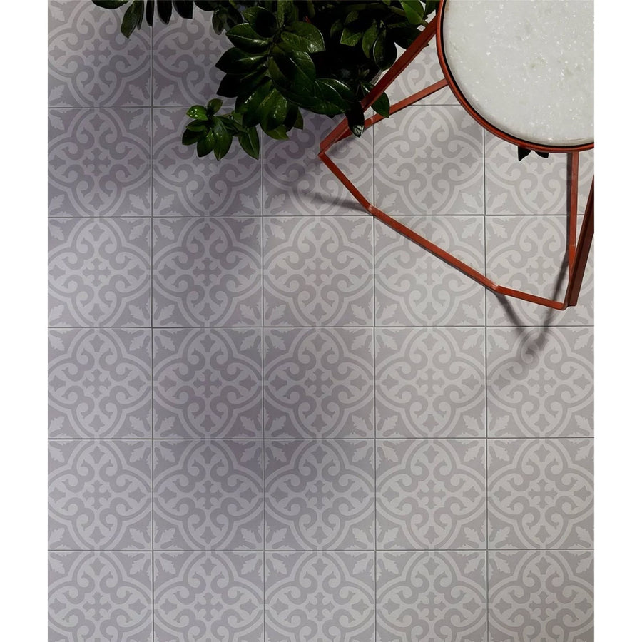 Gray porcelain floor tiles parisian chic angelina with subtle repeating ornamental ceramic pattern