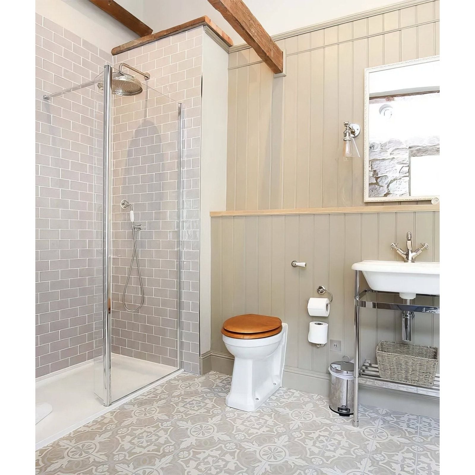 White ceramic toilet with warm brown wooden seat from parisian chic porcelain lilas collection