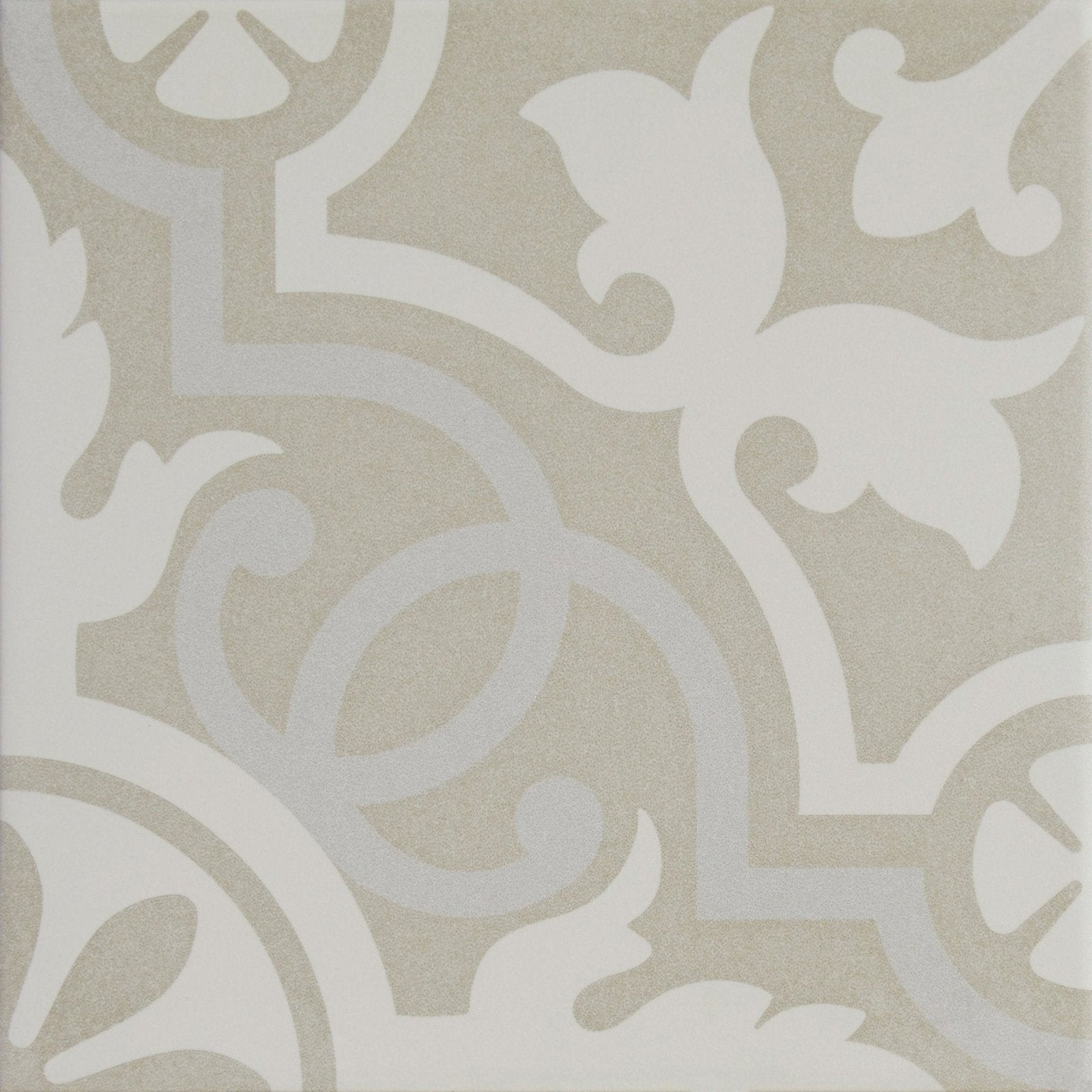 Beige ceramic porcelain tile with intricate white floral and scrollwork pattern parisian chic lilas design