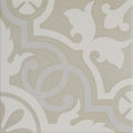 Beige ceramic porcelain tile with intricate white floral and scrollwork pattern parisian chic lilas design