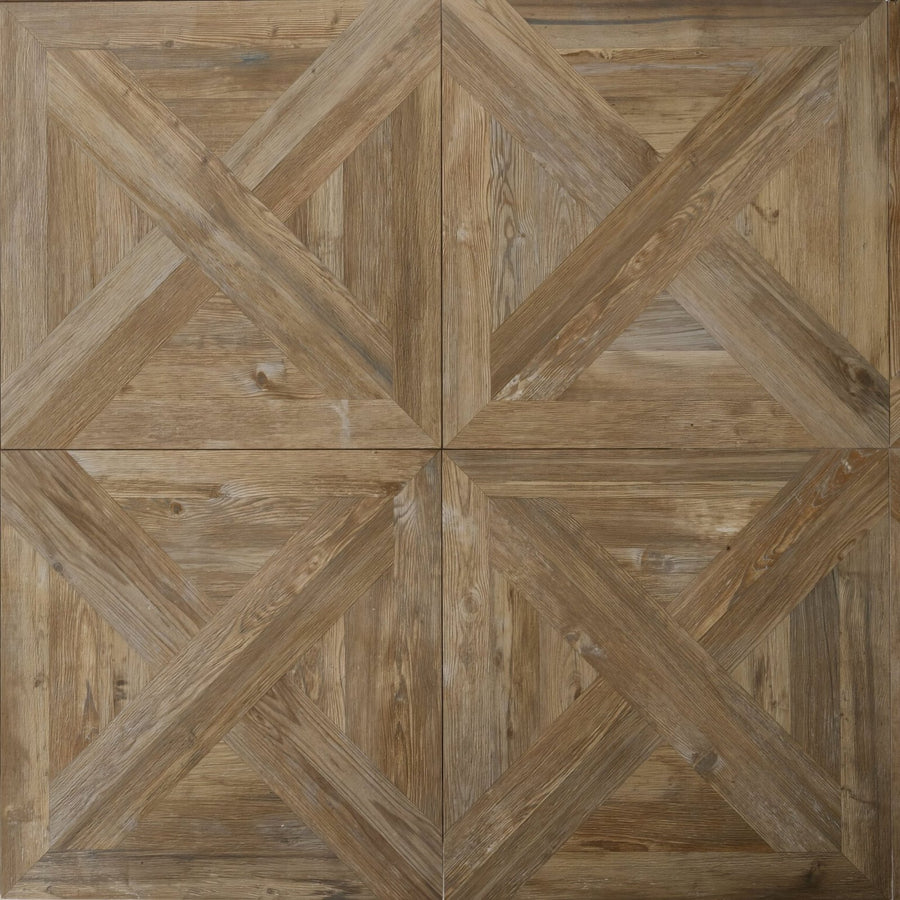 Rustic wooden floor tile parquet khaki with geometric parquet pattern in warm brown tones for interior flooring
