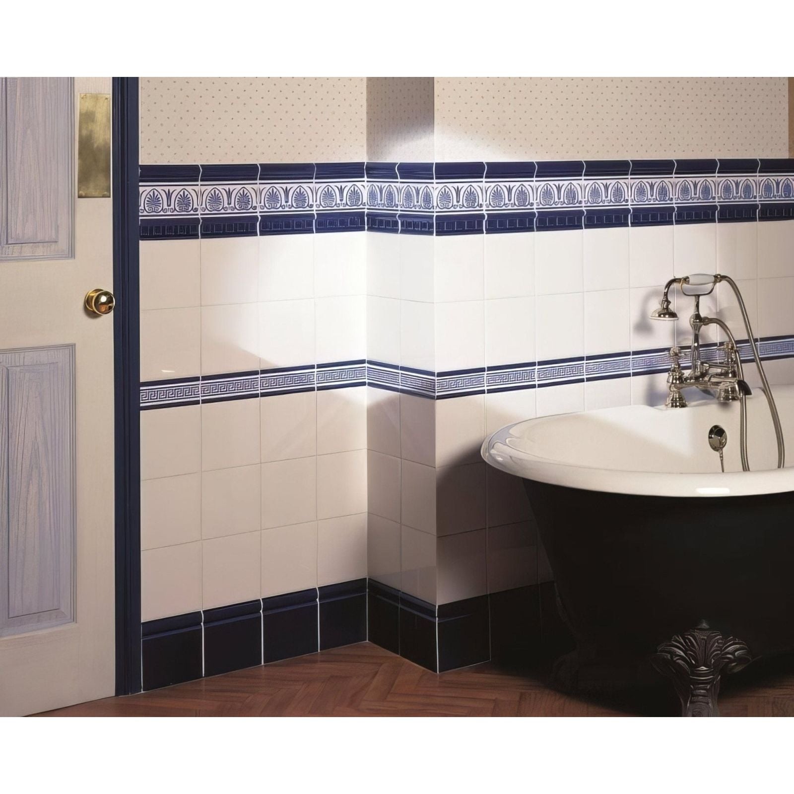 Blue and white decorative tile border parthenon royal blue on brilliant white with intricate geometric patterns