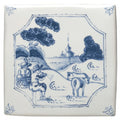 White ceramic tile with traditional blue and white delftware pastoral river scene design for decorative use