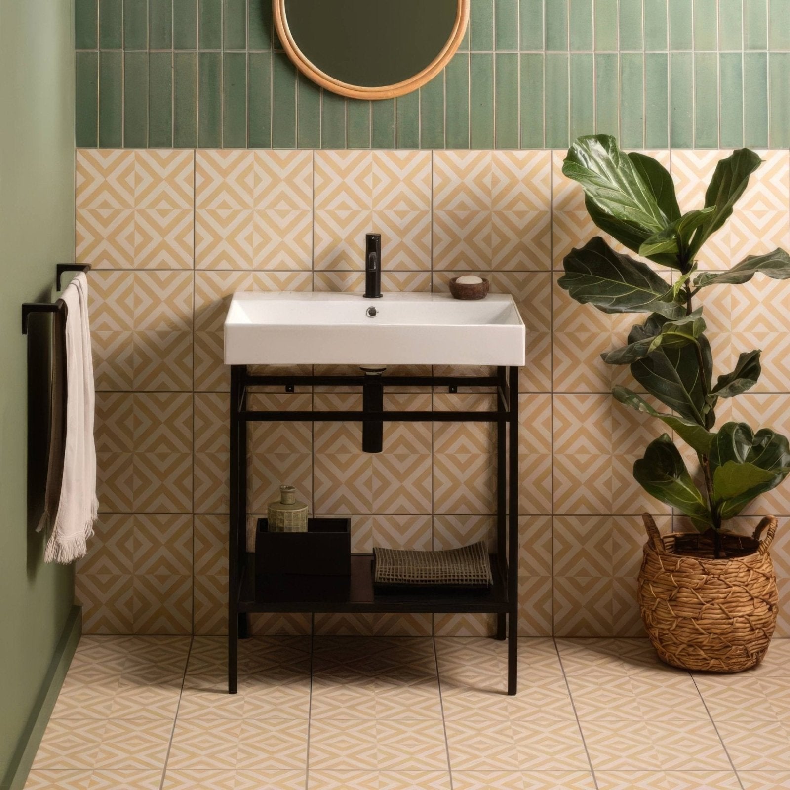 White rectangular ceramic sink with black faucet on minimalist black metal vanity stand for pasture brick tile design