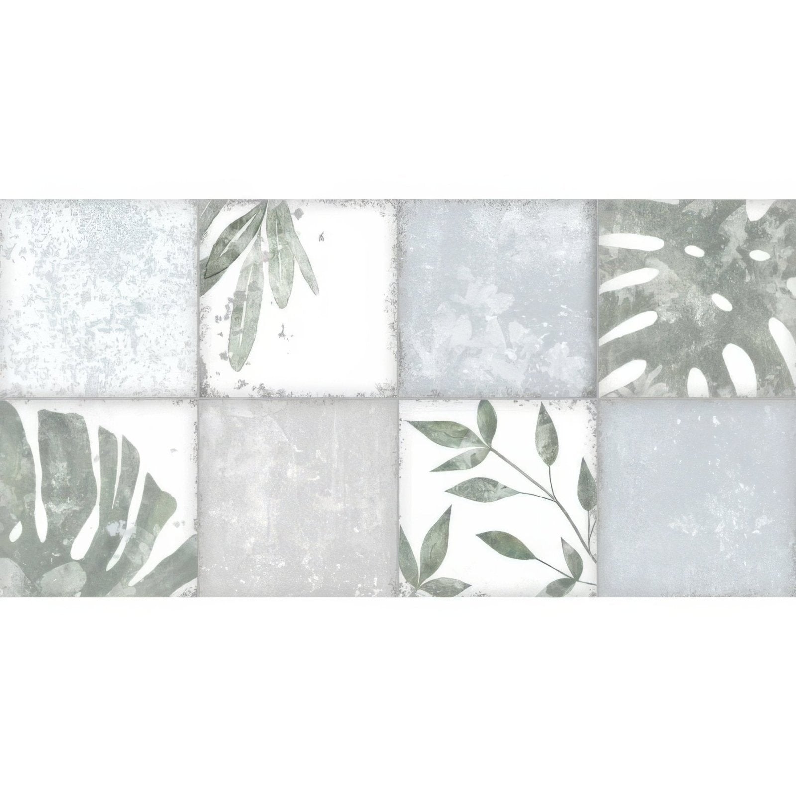 Gray and white botanical-patterned ceramic tile with distressed vintage leaf designs patchwork botanical iris 60x30cm