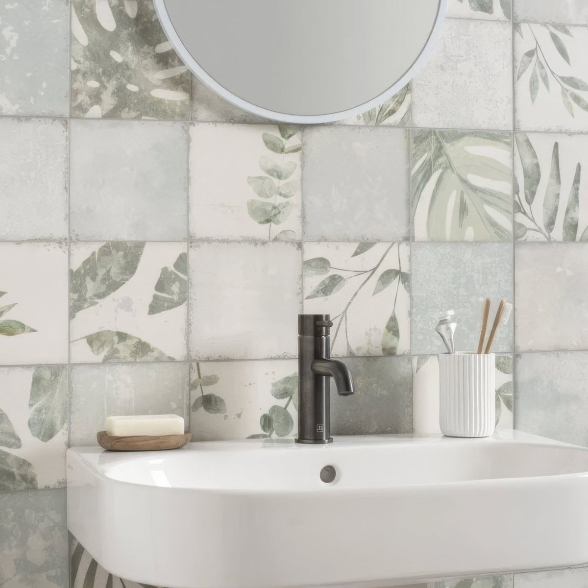 Patchwork Botanical Iris 60x30cm in a bathroom setting