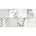 Patchwork botanical ivy 60x30cm wallpaper with muted green and white distressed tiles featuring monstera and eucalyptus prints