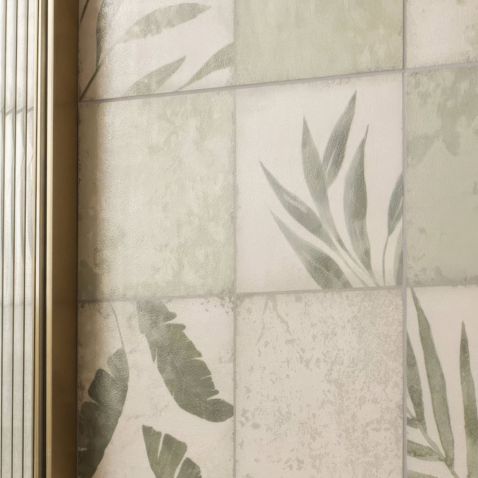 Patchwork botanical ivy 60x30cm wall tiles with muted green and gray botanical leaf pattern on textured off-white background
