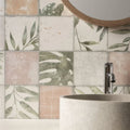 Patchwork botanical rose 60x30cm ceramic bathroom wall tiles with muted pink beige and sage green leaf patterns
