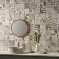 Round wooden-framed mirror mounted on patterned tiles featuring the patchwork botanical rose design 60x30cm