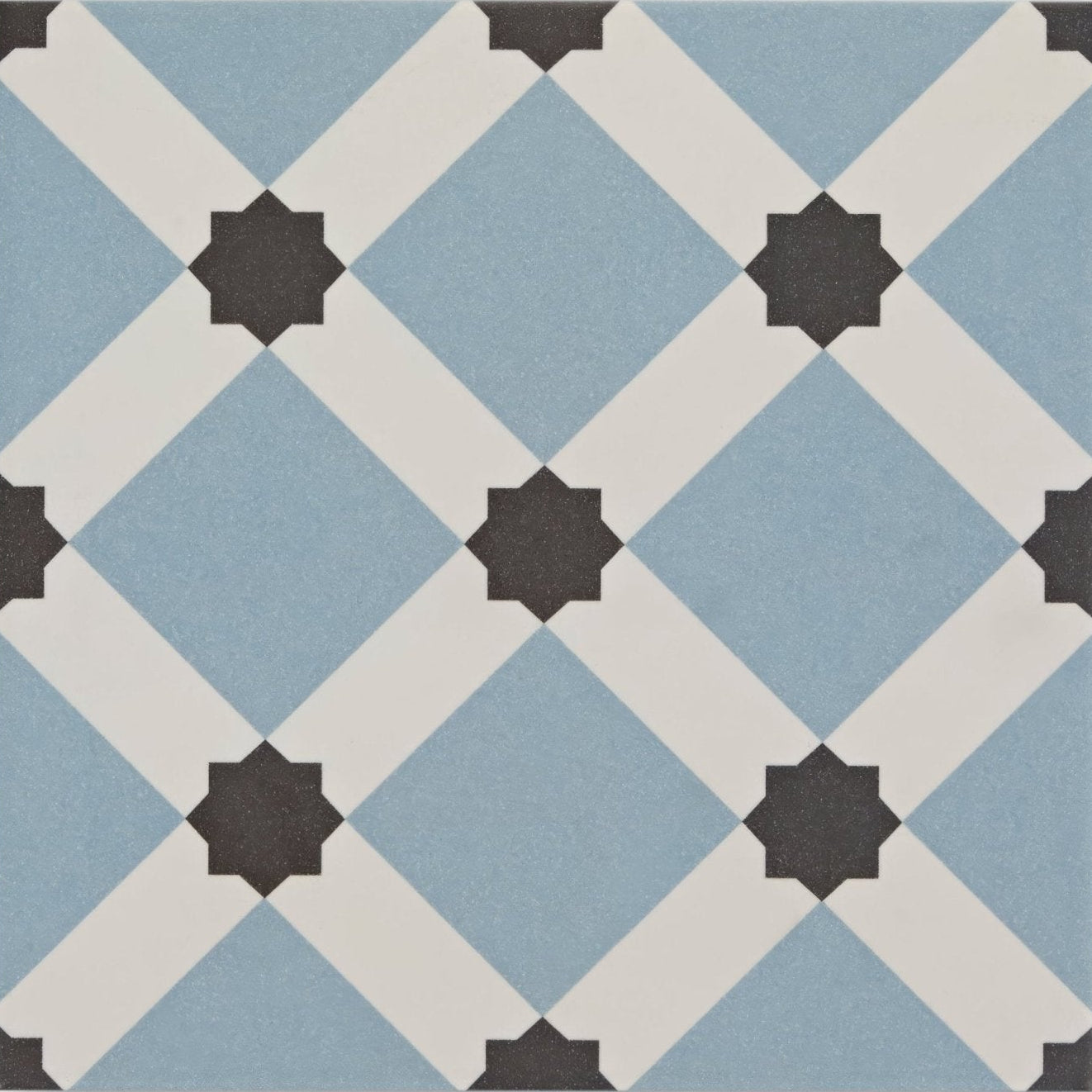 Patisserie hevin blue patterned tile with blue and white geometric design and black star-shaped accents for flooring or walls
