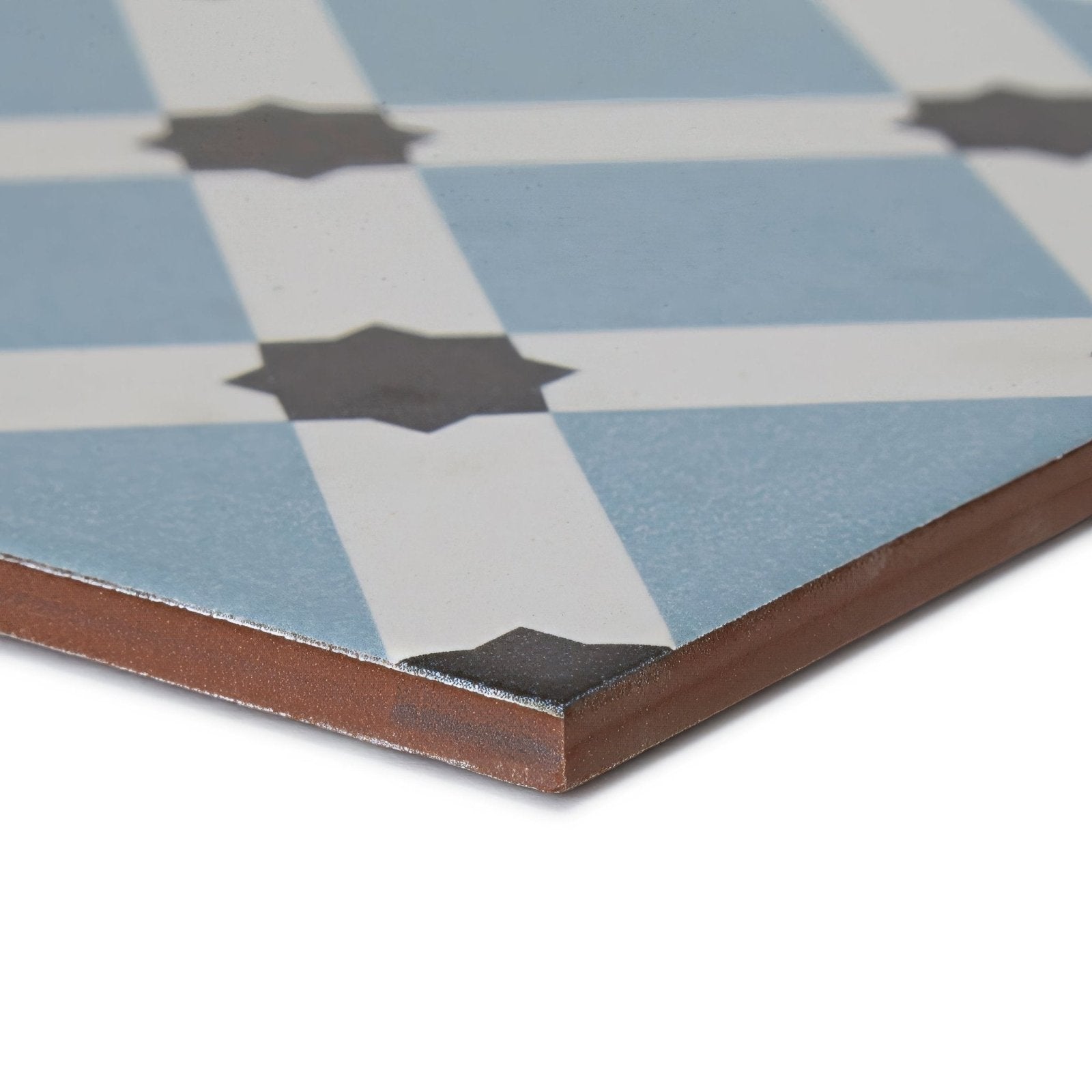 Patisserie hevin blue patterned tile featuring blue and white checkered tiles with dark gray star-shaped accents