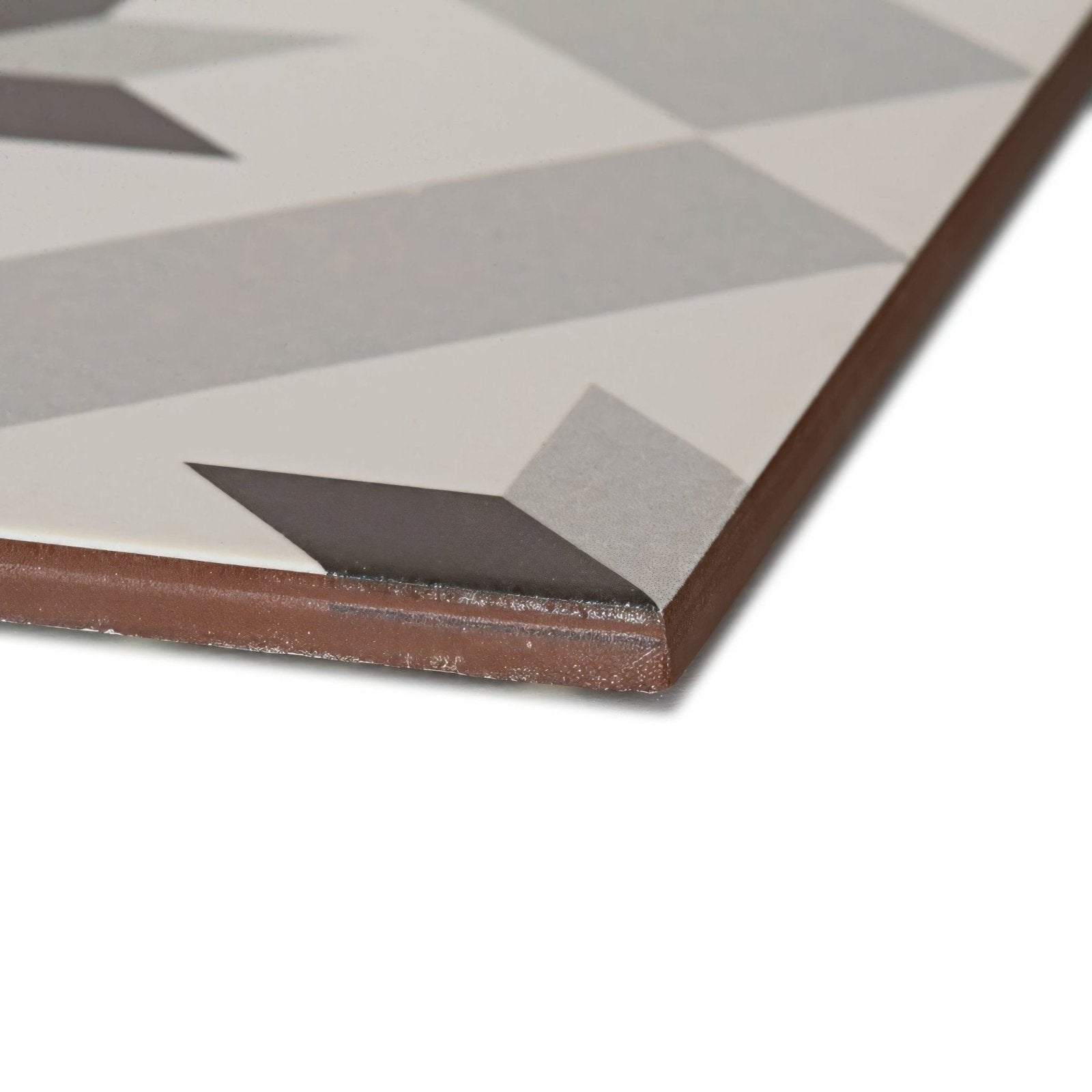 Patisserie sucre 1 patterned tile featuring a gray and white chevron geometric design with a brown border