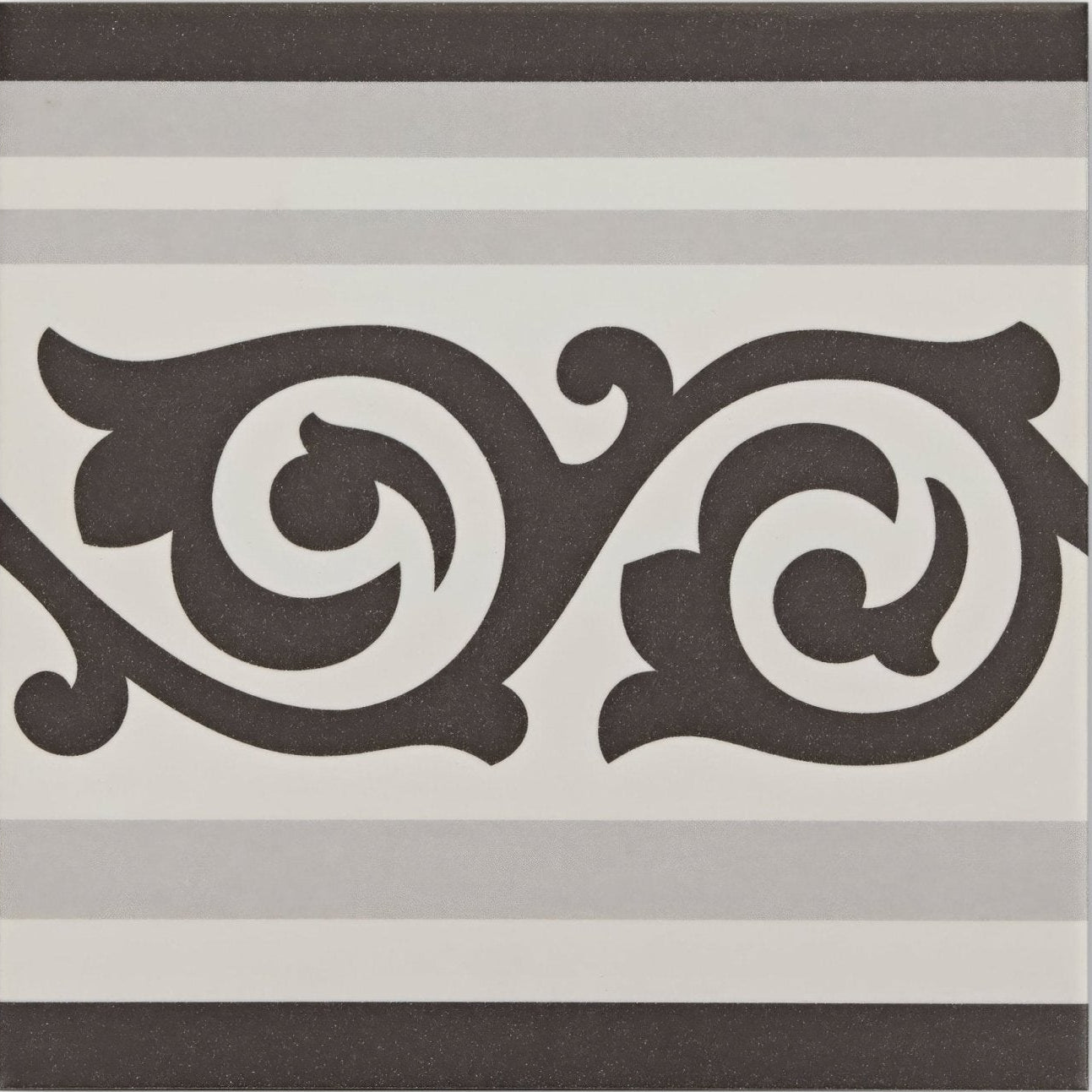 Patisserie sucre border tile in black and white features ornamental vintage floral patterns with horizontal stripes
