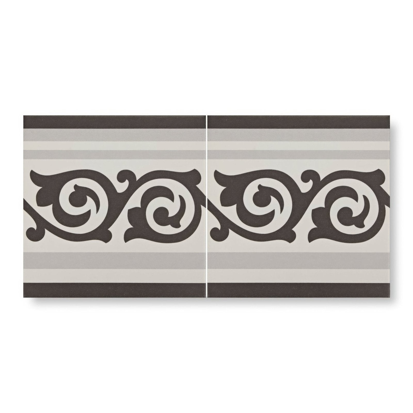 Two rectangular ceramic patisserie sucre border tiles with gray and black ornamental swirling patterns and horizontal stripes