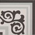 Patisserie sucre corner patterned tile in black ornate scrollwork with layered gray border for decorative use