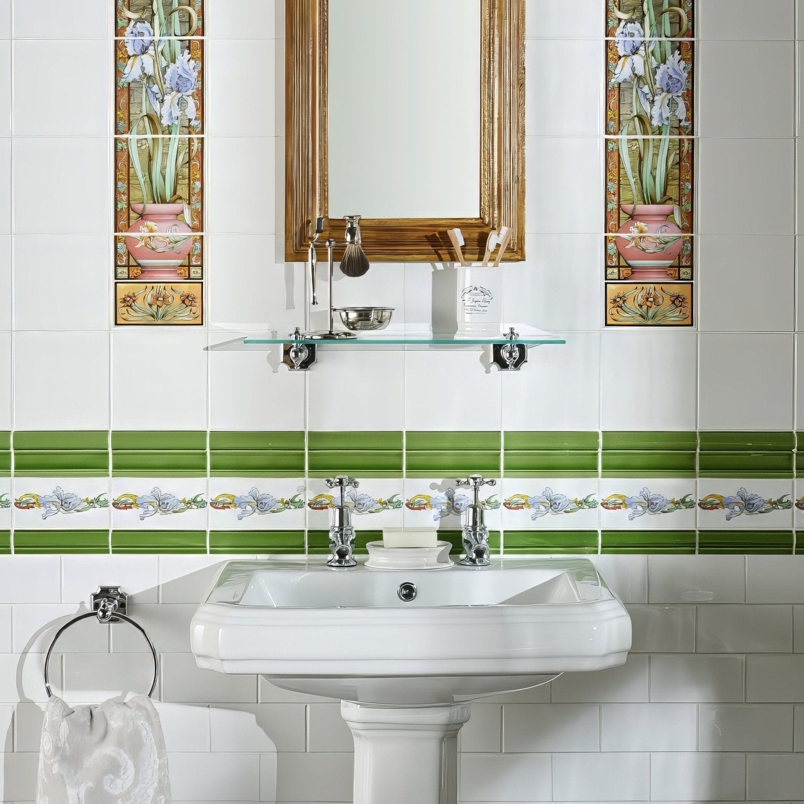 White ceramic pedestal sink with chrome faucets in pavilion green albert moulding for bathroom use