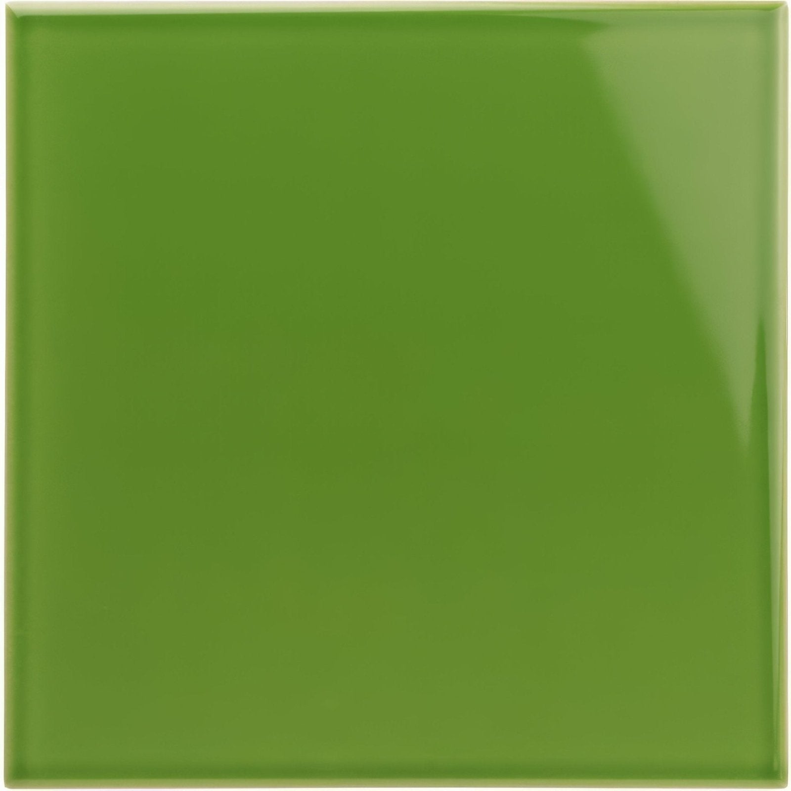 A glossy green ceramic square tile with a smooth reflective surface called Pavilion Green Field Tile