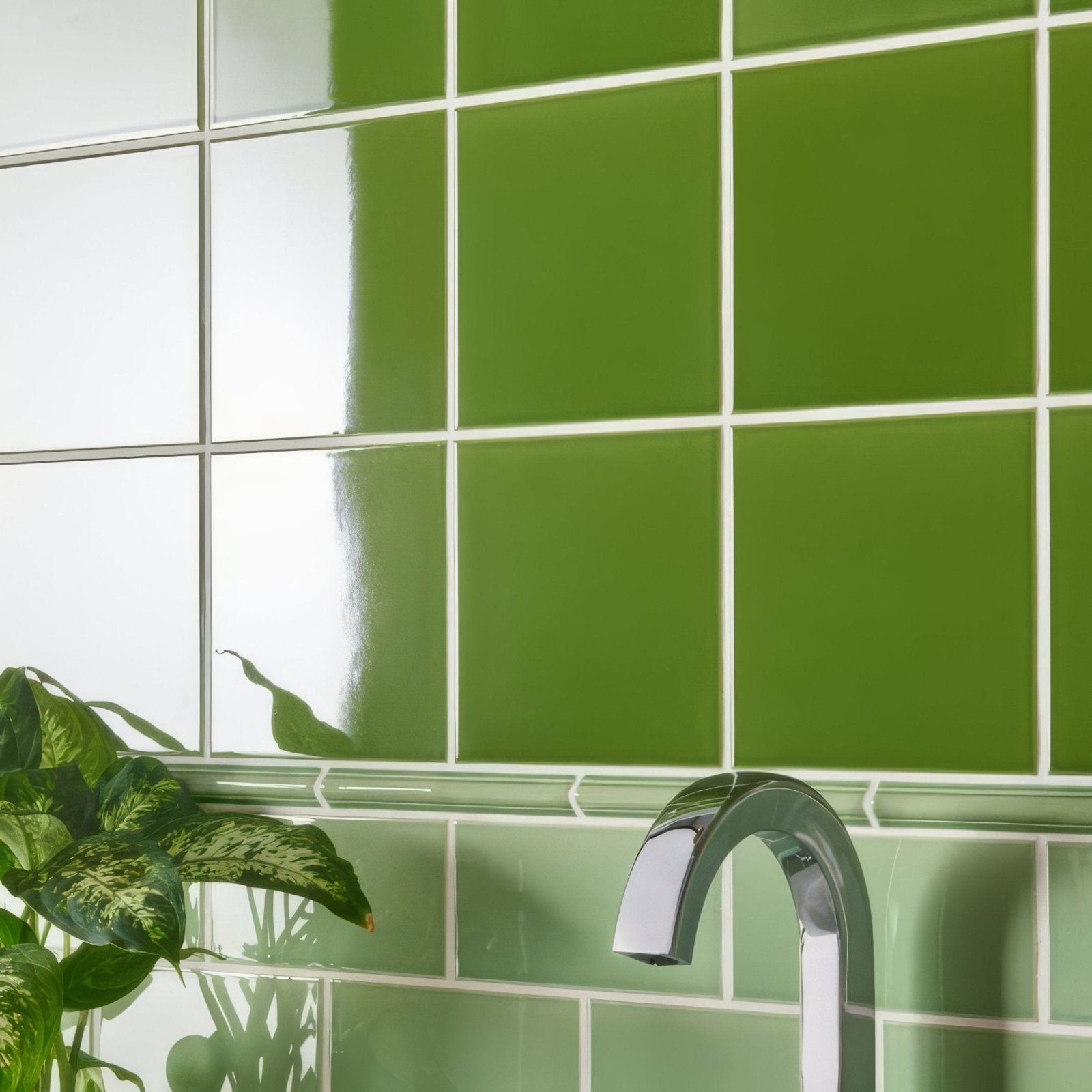 Vibrant green glossy pavilion green field square ceramic tiles with white grout lines for wall or floor use