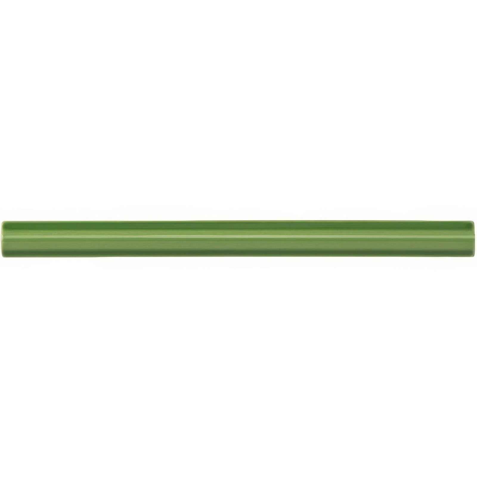 A sleek matte olive-green ceramic tile molding with smooth rectangular profile and subtle horizontal ridges