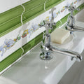 Chrome-finished cross-handle faucet with polished reflective surface in pavilion green victoria moulding design