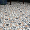 Geometric mosaic pavilion porcelain marine blue floor tiles with white black and terracotta diamond pattern
