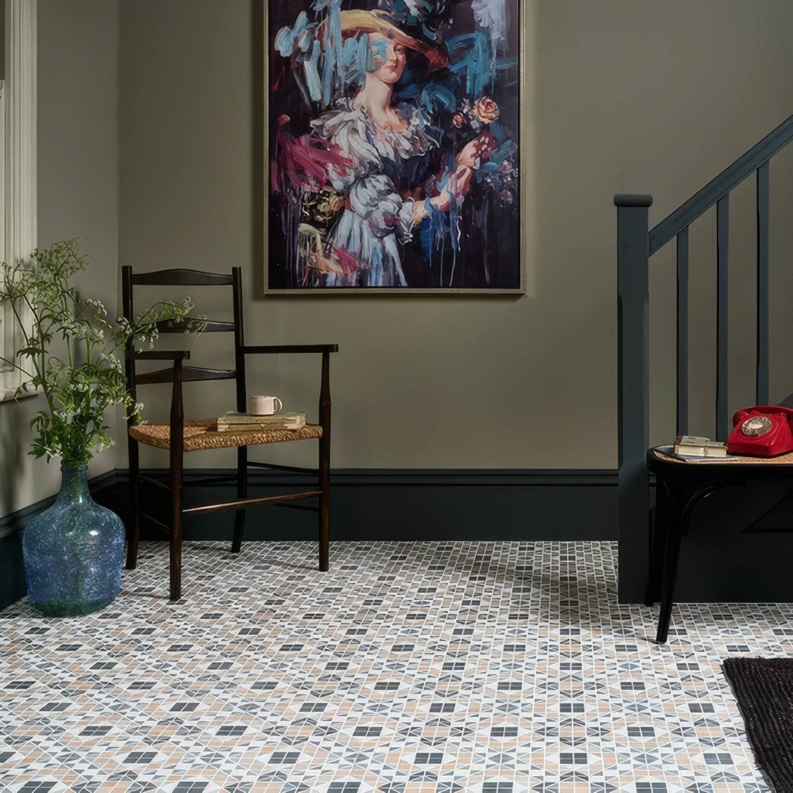 Geometric mosaic pavilion porcelain marine blue floor tiles in interlocking diamond and triangle pattern with muted gray beige black and white tones