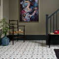 Geometric mosaic pavilion porcelain marine blue floor tiles in interlocking diamond and triangle pattern with muted gray beige black and white tones