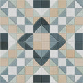 Geometric mosaic tile panel pavilion porcelain marine blue with triangular and square tiles in beige gray sage green and white