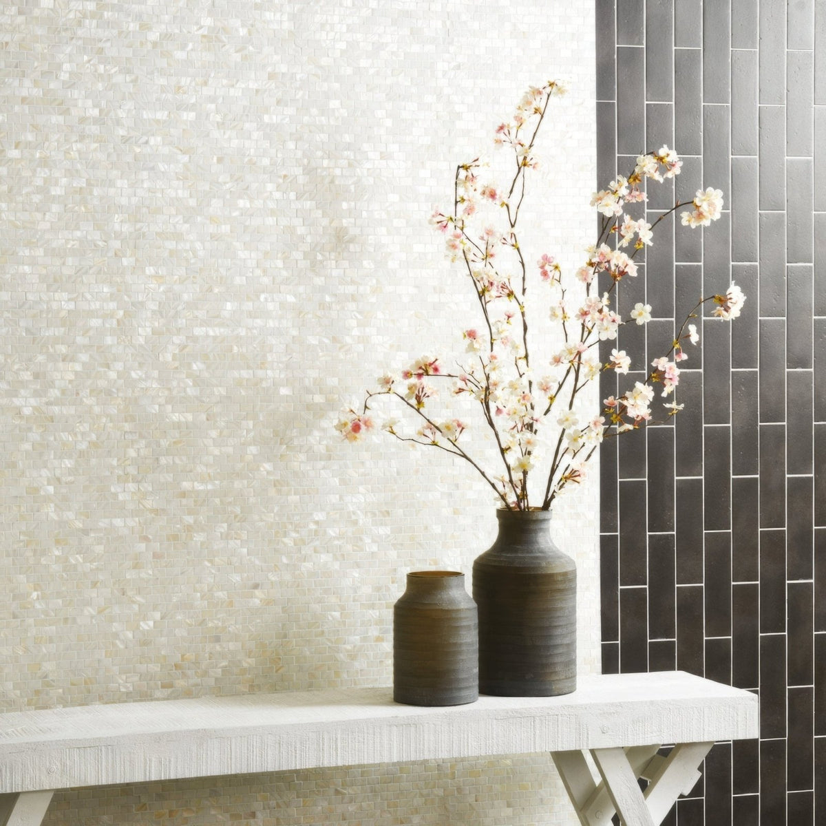 Pearl Brickbond Shell Mosaic white mother-of-pearl brick mosaic with a grey vase of cherry blossoms