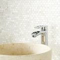 Pearl Brickbond Shell Mosaic white mother-of-pearl brick mosaic with a chrome tap