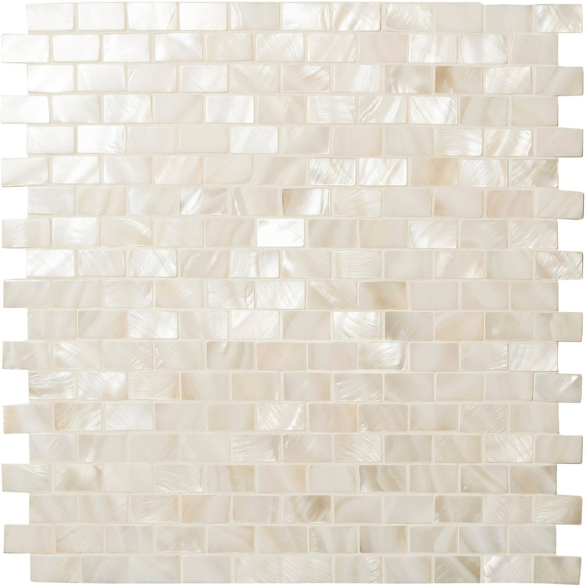 Iridescent white mother-of-pearl mosaic tile with natural sheen in rectangular brick pattern pearl brickbond shell mosaic