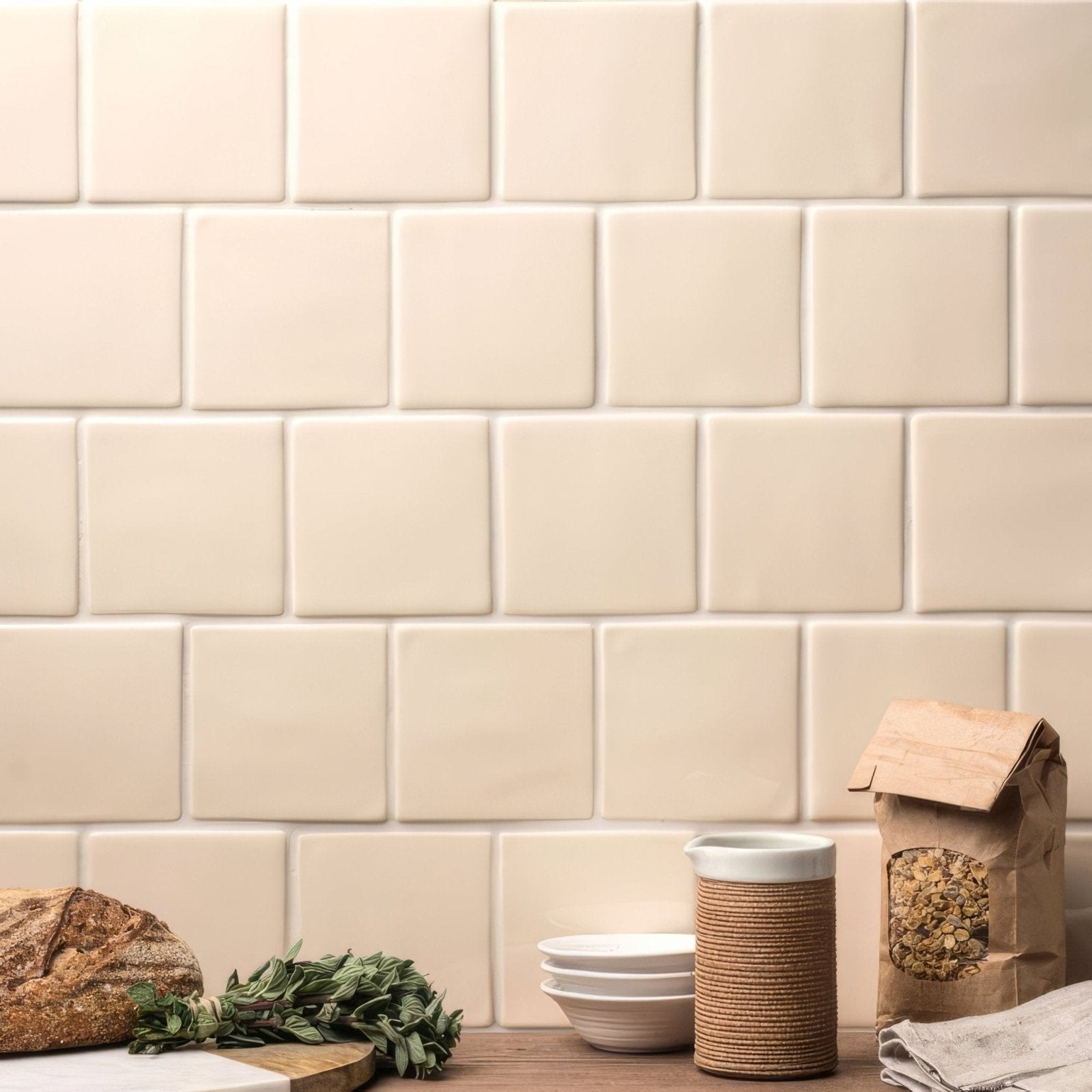 Cream-colored pearl half tile with square matte subway ceramic tiles ideal for kitchen or bathroom walls