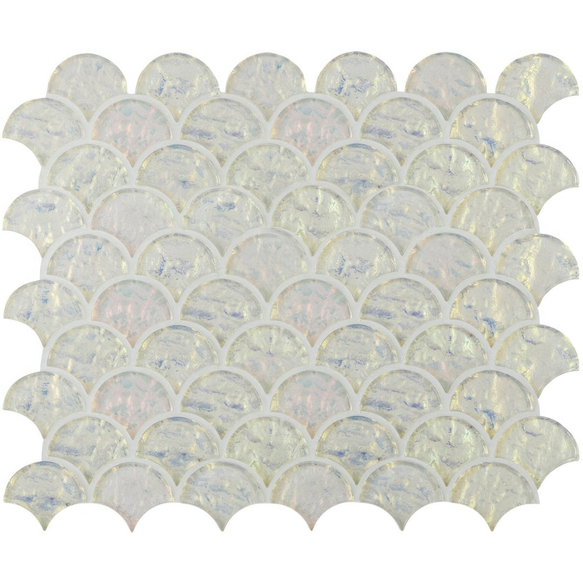 Iridescent white fish-scale mosaic tile pearl scale clear with a glossy translucent finish for decorative use