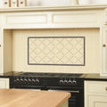 Pearl trellis charcoal grey cream ceramic tile with black border and diamond pattern on county white background