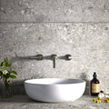 White ceramic vessel sink with sleek modern design for pebble beach grey 120 x 60cm bathroom setup