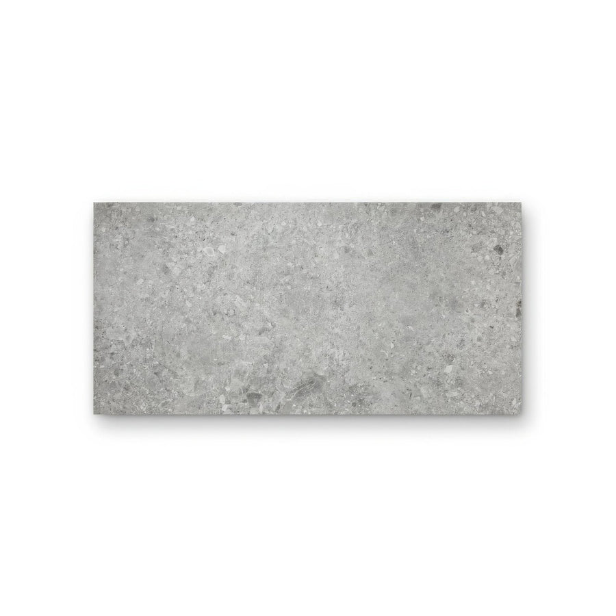 Gray concrete-effect rectangular tile with textured speckled surface pebble beach grey 60 x 30cm