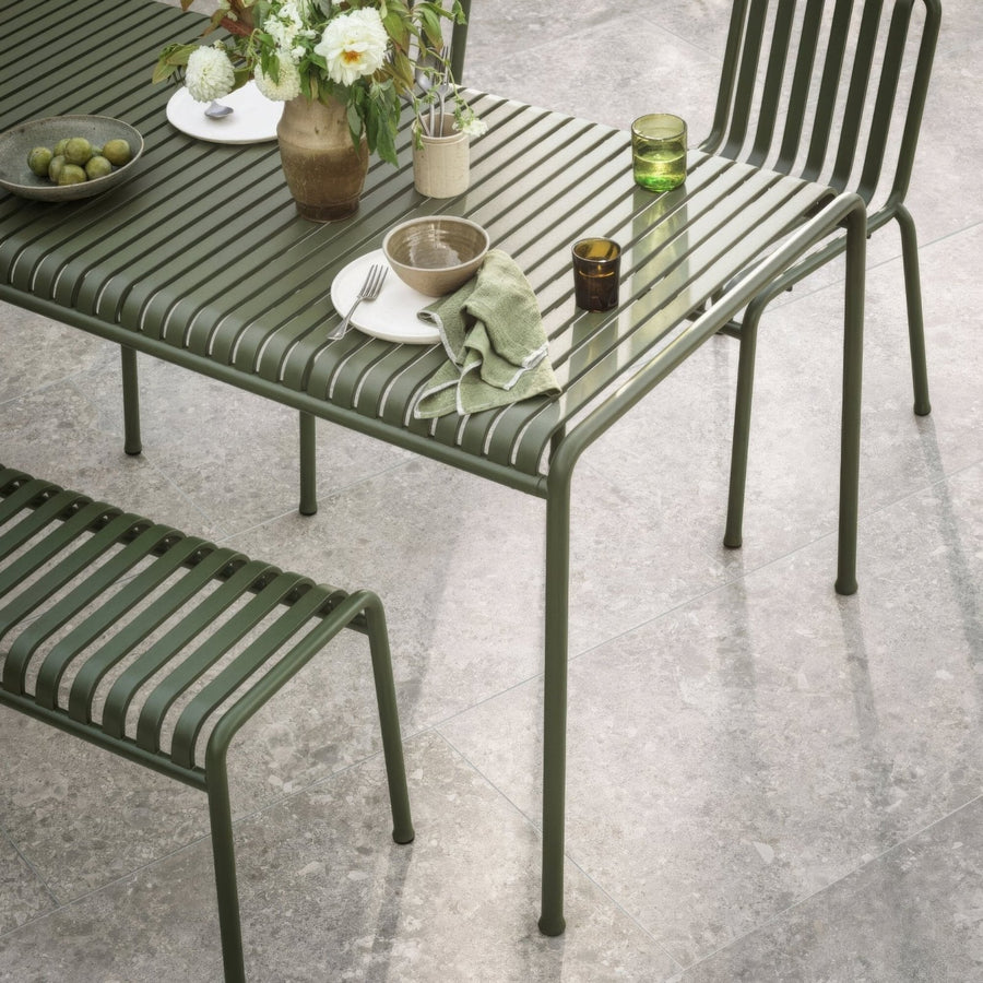 Olive green metal slat dining table with matching bench and chair pebble beach taupe 120 x 60cm set