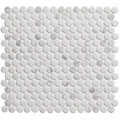 Penny round matt carrara white white marble mosaic tile with circular glossy pieces arranged in a grid pattern