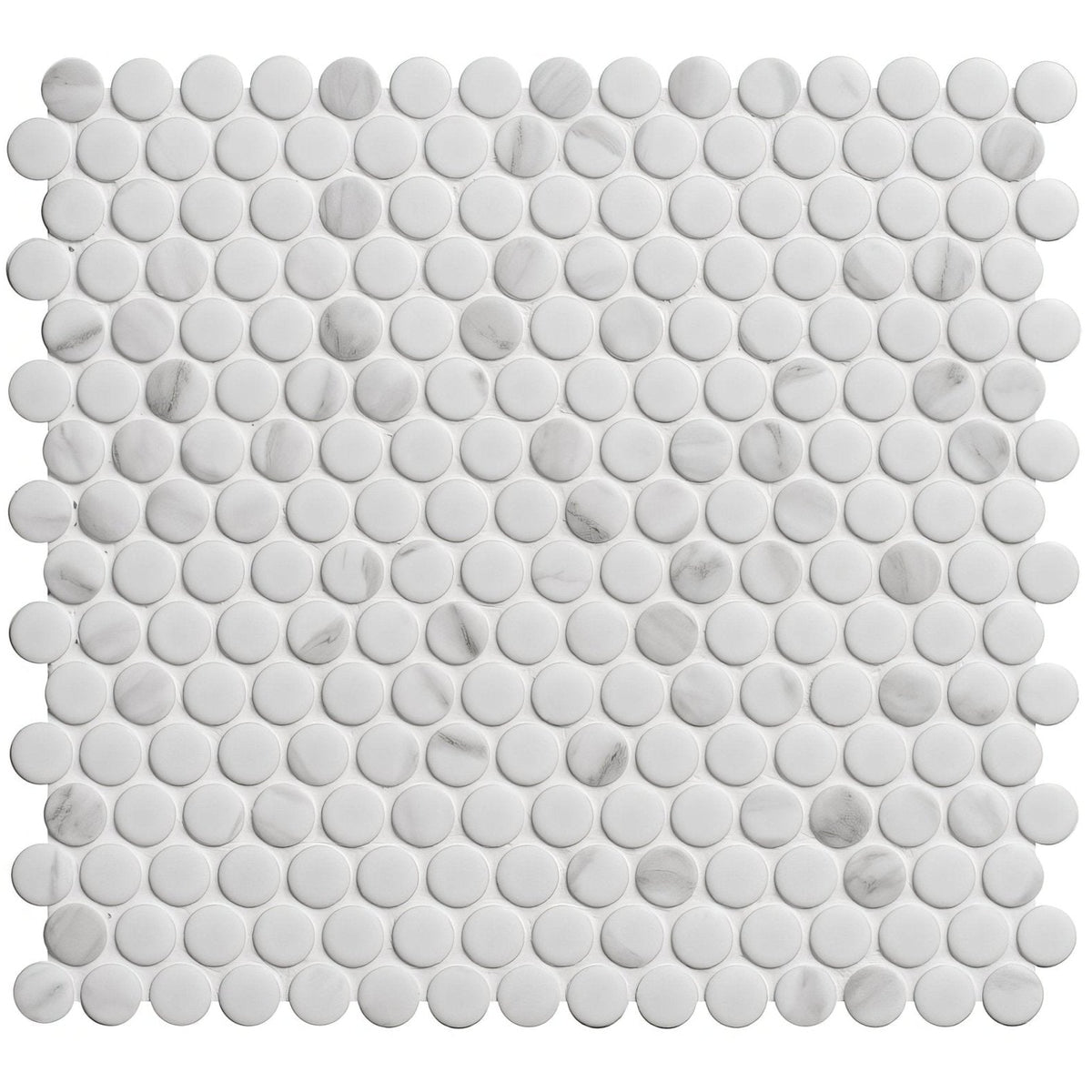 Penny round matt carrara white white marble mosaic tile with circular glossy pieces arranged in a grid pattern
