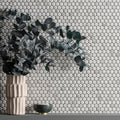 Penny Round Matt Carrara White white marble penny round mosaic with a beige vase of eucalyptus