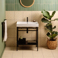 White rectangular ceramic sink with black metal stand and faucet in Penshaw Yellow On Chalk collection