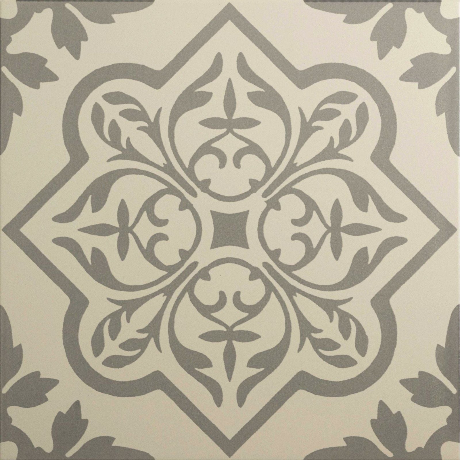 Pentillie light grey tile with gray ornate floral pattern on cream-colored chalk background for decorative use