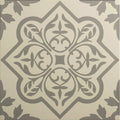 Pentillie light grey tile with gray ornate floral pattern on cream-colored chalk background for decorative use