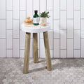 Perla Large Hexagon Stone Mosaic grey and beige hexagonal stone mosaic on a round table with wooden legs